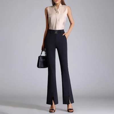 Women's Flared Trousers - High-Waisted Tailored Fit - Front Slit - Belted Elegant Design