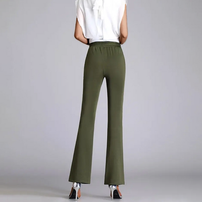 Women's Flared Trousers - High-Waisted Tailored Fit - Front Slit - Belted Elegant Design