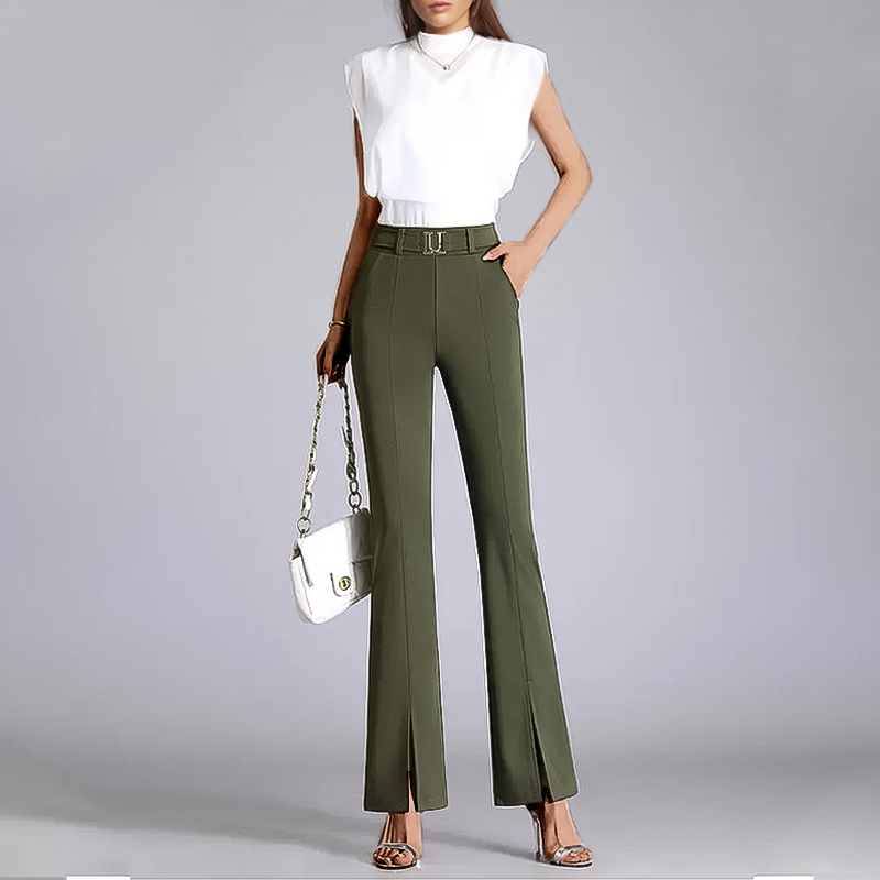 Women's Flared Trousers - High-Waisted Tailored Fit - Front Slit - Belted Elegant Design