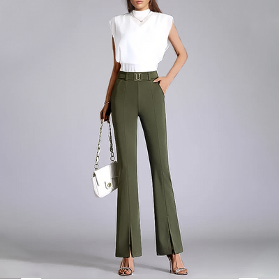 Women's Flared Trousers - High-Waisted Tailored Fit - Front Slit - Belted Elegant Design