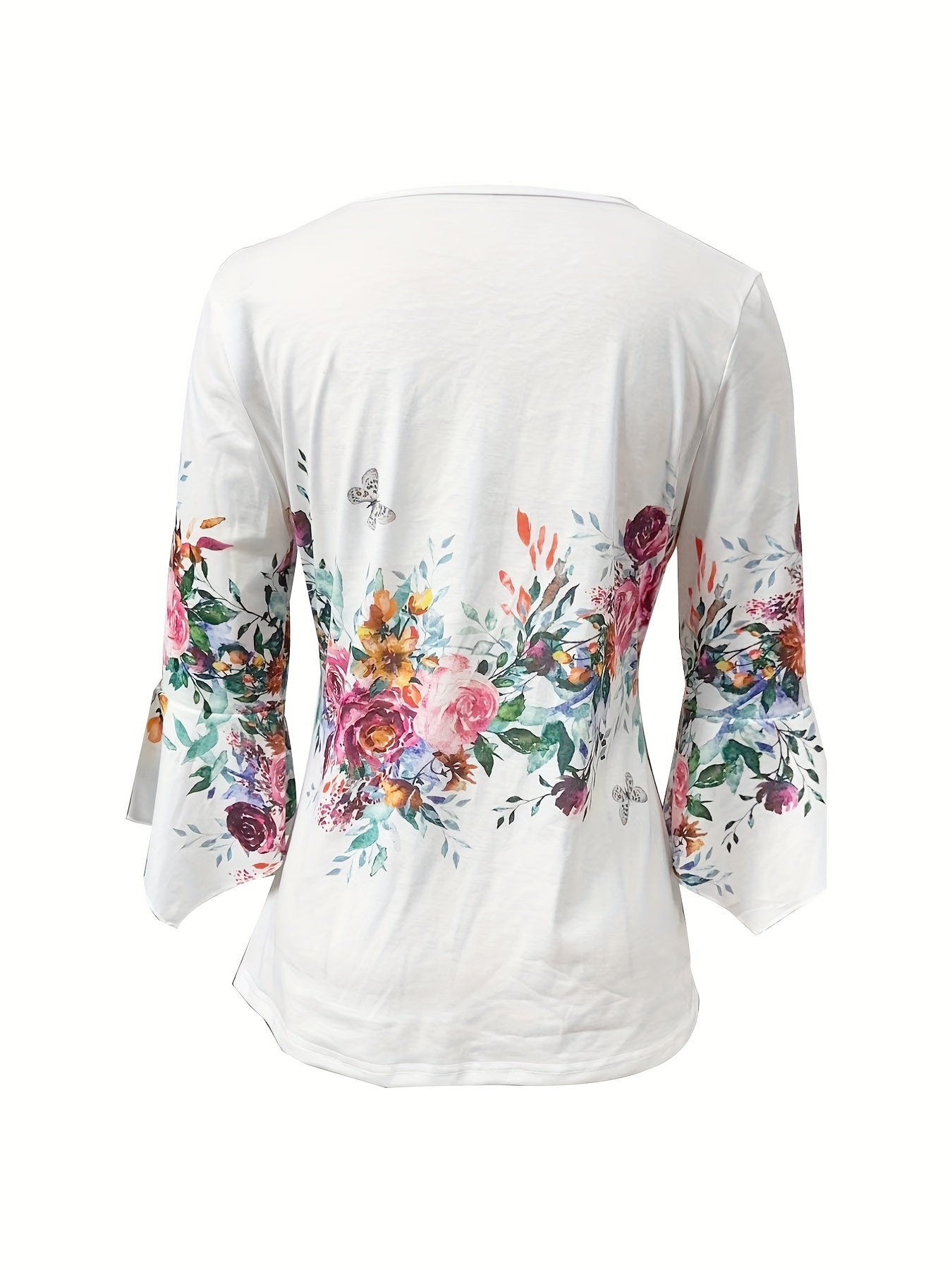 Women's Blouse - V-Neck Button Detail - Long Sleeve Flowy Floral Print