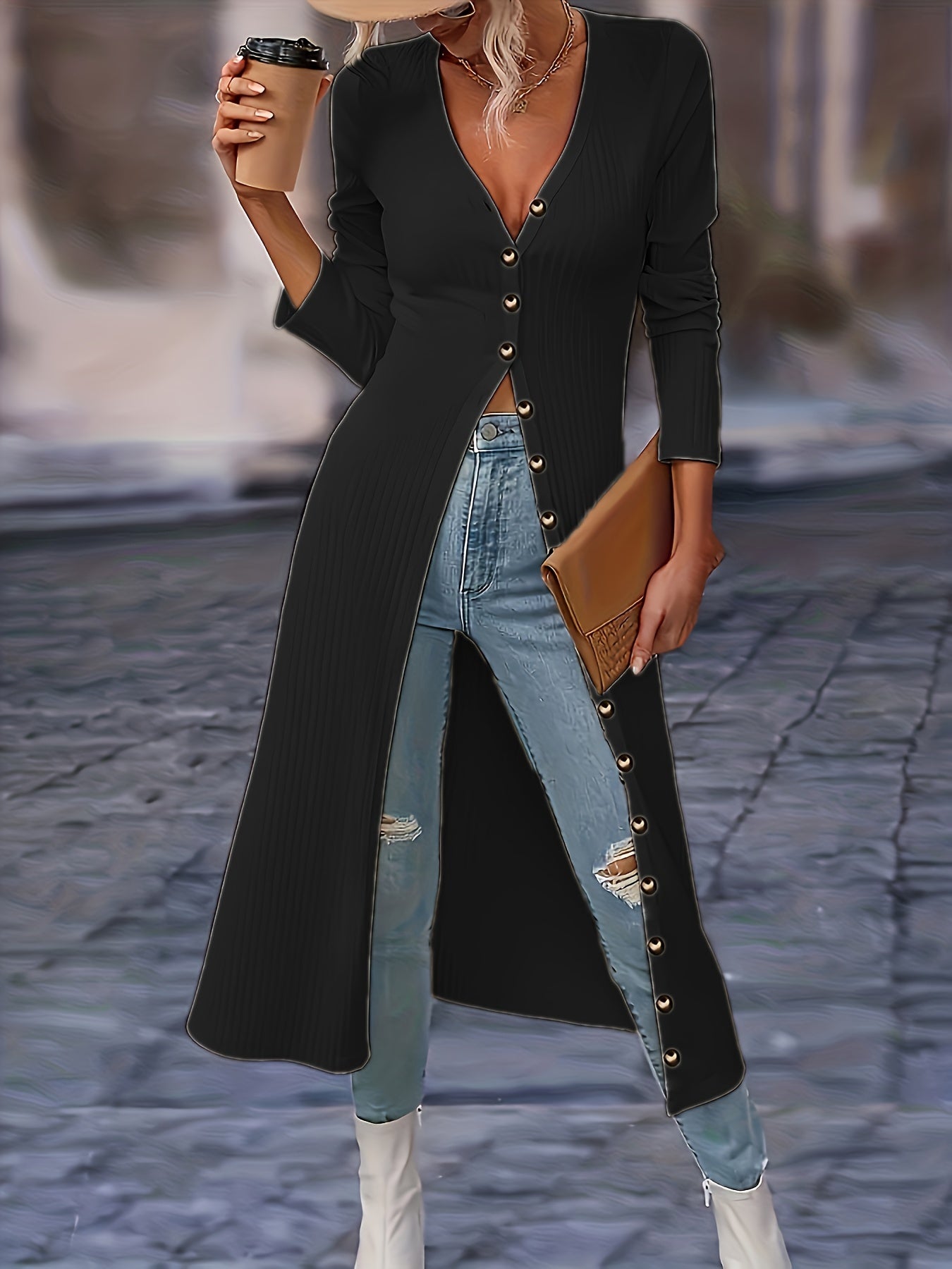 Women's Long Cardigan - Button Front V-Neck - Fitted Knit - Knee Length Layering Piece