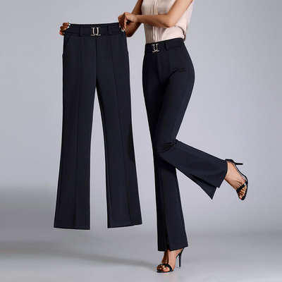 Women's Flared Trousers - High-Waisted Tailored Fit - Front Slit - Belted Elegant Design