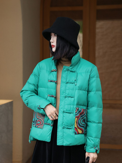 Women’s Jacket – Oversized Quilted Puff – High Collar – Frog Closures – Patterned Pockets