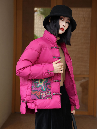 Women’s Jacket – Oversized Quilted Puff – High Collar – Frog Closures – Patterned Pockets