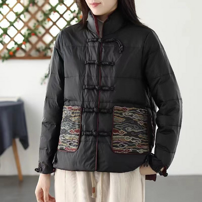 Women’s Padded Jacket – Loose Fit – Stand Collar – Embroidered Pockets – Knot Buttons