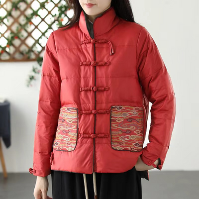 Women’s Padded Jacket – Loose Fit – Stand Collar – Embroidered Pockets – Knot Buttons