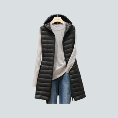 Women's Long Puffer Vest - Quilted Hooded Sleeveless Jacket - Warm Insulated Layer