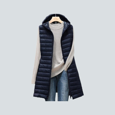 Women's Long Puffer Vest - Quilted Hooded Sleeveless Jacket - Warm Insulated Layer