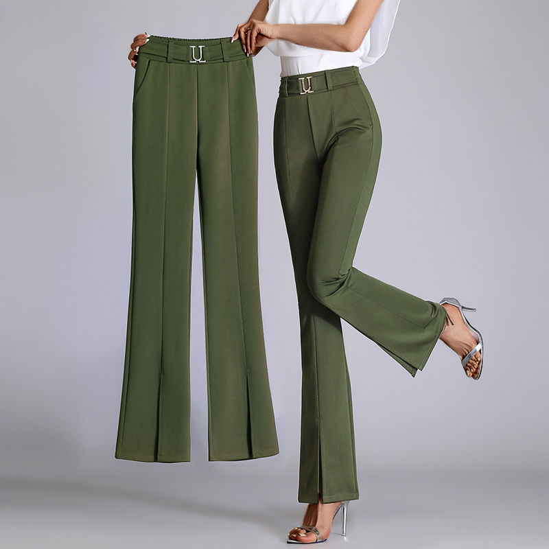 Women's Flared Trousers - High-Waisted Tailored Fit - Front Slit - Belted Elegant Design
