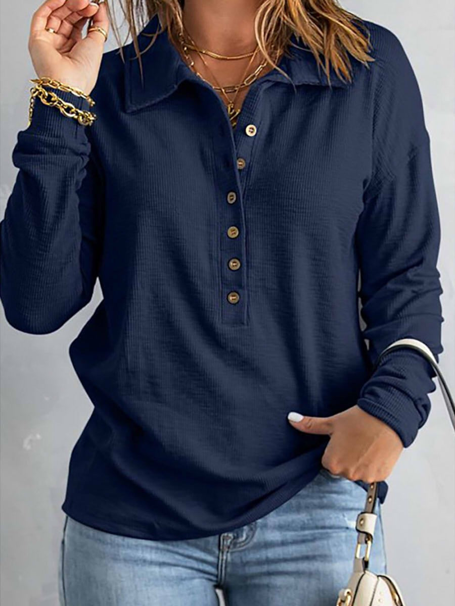 Women’s Blouse – Soft Knit – Relaxed Fit – Button-Up – Long Sleeve – Collared Casual Style