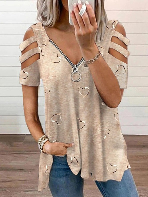 Women’s Blouse – V-Neck Zipper – Cold Shoulder – Heart Print – Relaxed Fit – Breathable Blend