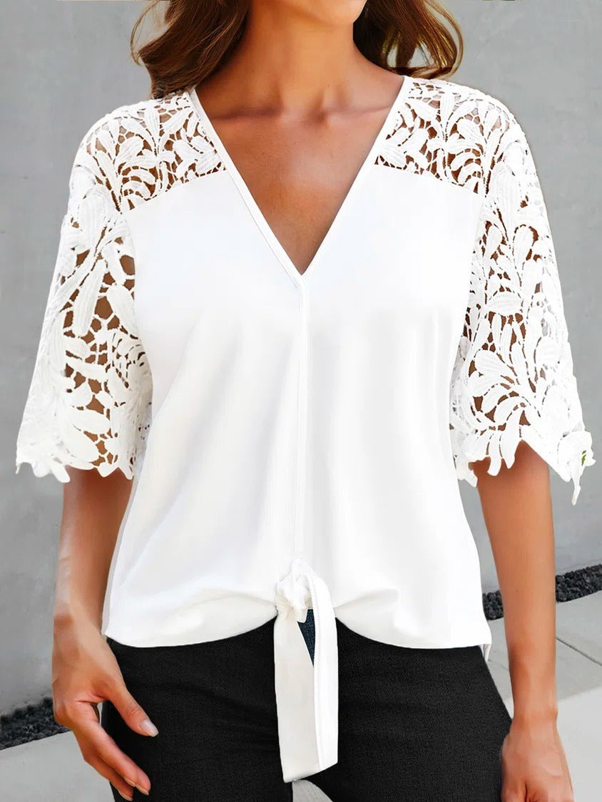 Women’s Blouse – Relaxed Fit – V-Neck – Lace Half Sleeves – Tie Front – Breathable Blend