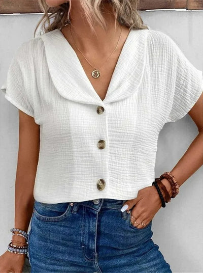 Women’s Blouse – Relaxed Fit – Crinkled Texture – Button Front – Cropped Short Sleeve