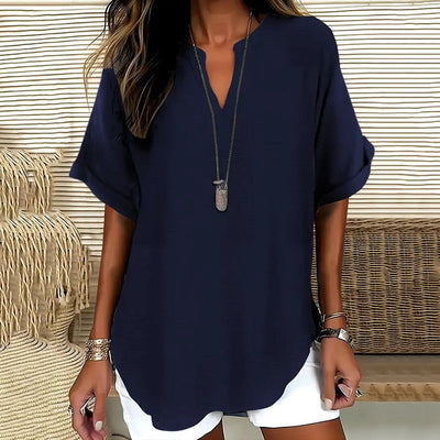 Women’s Blouse – Relaxed Fit – V-Neck – Short Sleeve – Natural Fibers – Hip Length