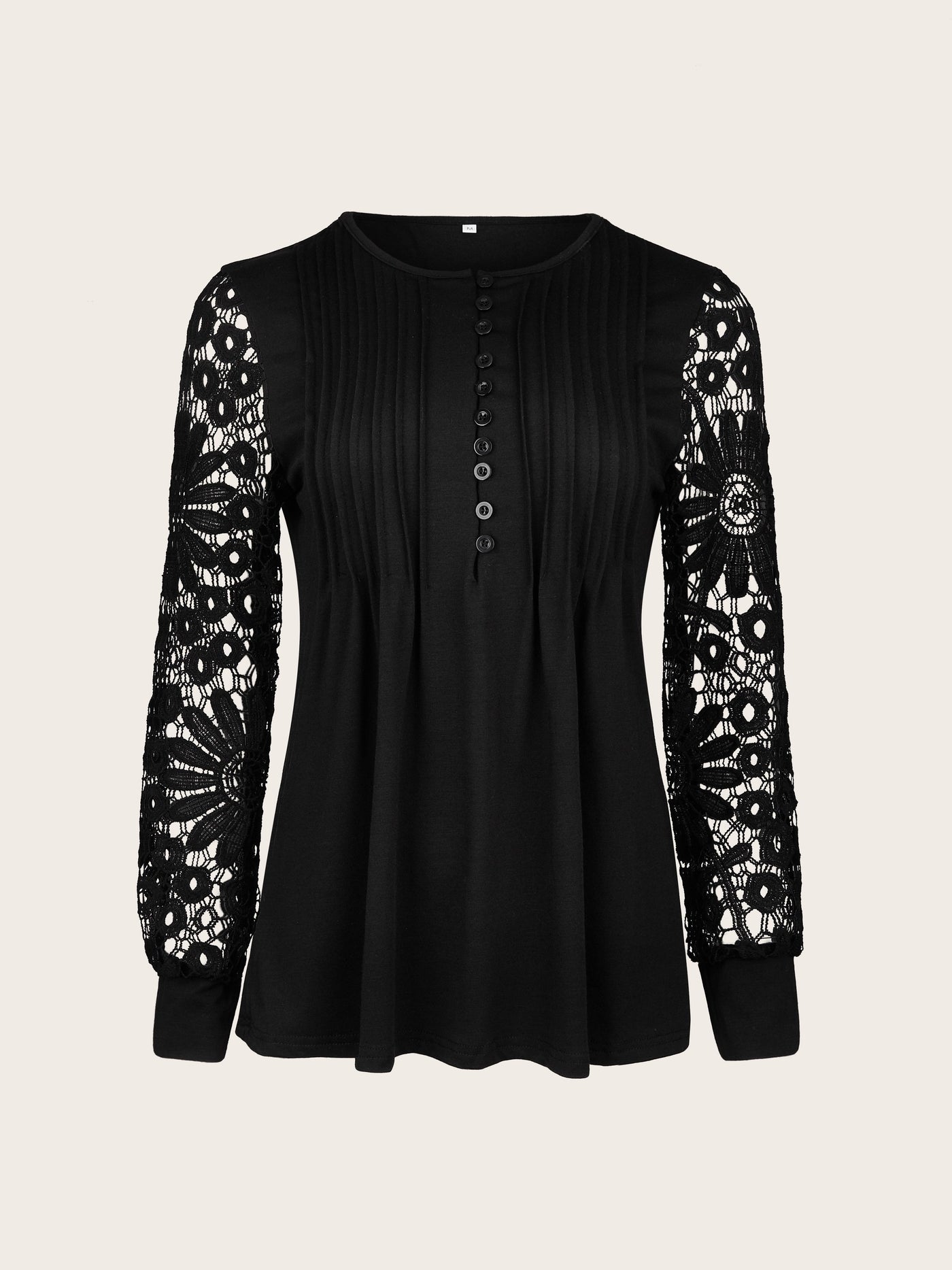 Women's Blouse - Long Lace Sleeves - Round Neck - Pintuck Detailing - Relaxed Fit