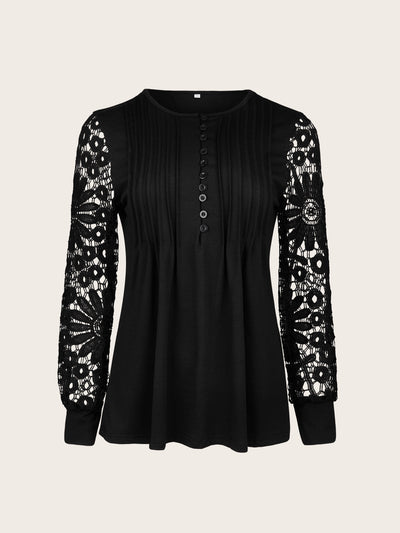 Women's Blouse - Long Lace Sleeves - Round Neck - Pintuck Detailing - Relaxed Fit
