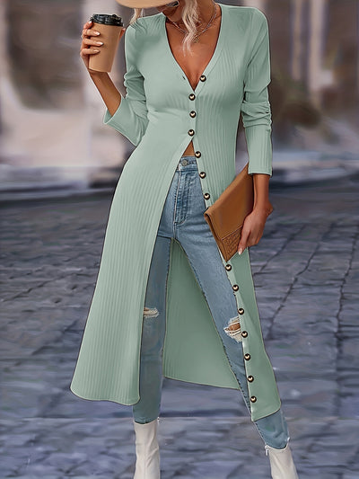 Women's Long Cardigan - Button Front V-Neck - Fitted Knit - Knee Length Layering Piece