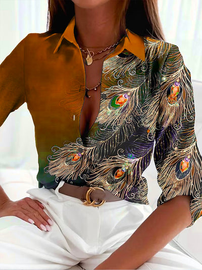 Women’s Blouse – Luxury Fabric – Fitted Silhouette – Feather Print – Button Down