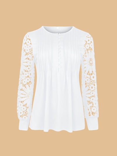 Women's Blouse - Long Lace Sleeves - Round Neck - Pintuck Detailing - Relaxed Fit