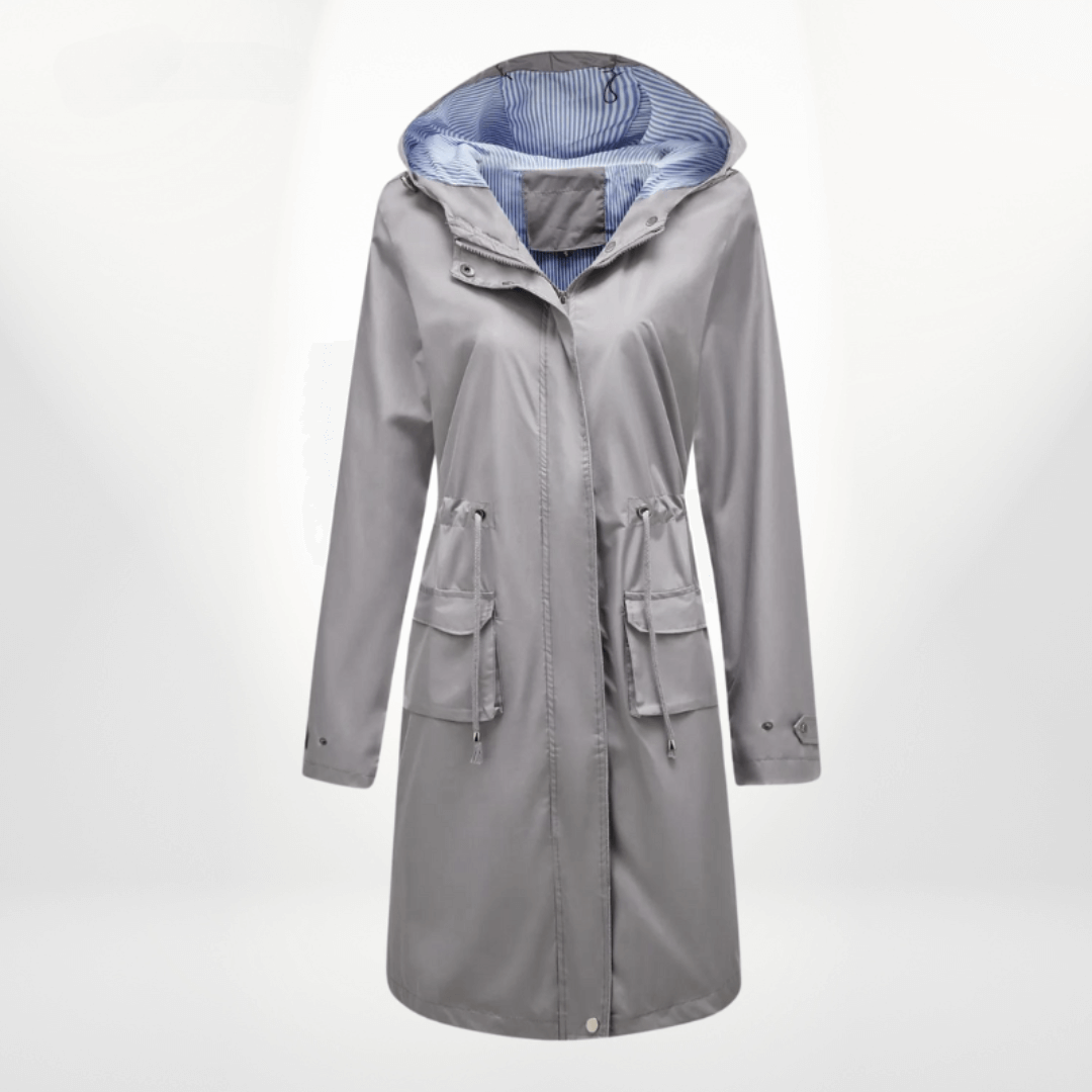 Women’s Trench Coat – Waterproof Over-Knee – Hooded – Adjustable Waist – Flap Pockets