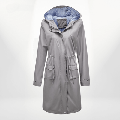 Women’s Trench Coat – Waterproof Over-Knee – Hooded – Adjustable Waist – Flap Pockets