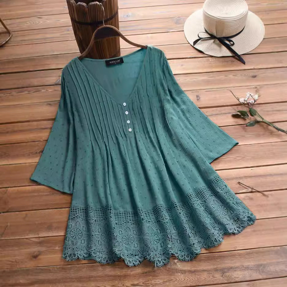 Women’s Boho Tunic Top – V-Neck – Bell Sleeves – Crochet Hem