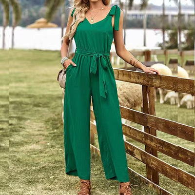 Women's Jumpsuit - V-Neck with Tie Belt - Sleeveless with Ruffle Detail - Relaxed Fit
