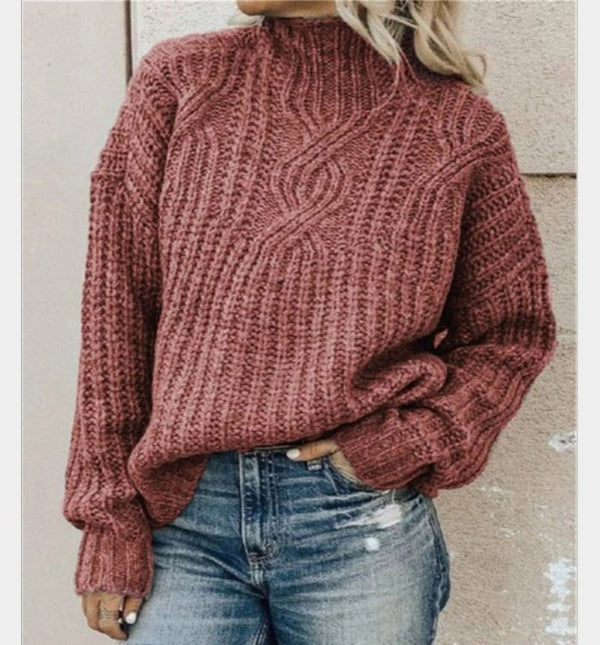 Women’s Pullover Sweater – Wool Cable Knit – High Neck – Relaxed Fit – Long Sleeve