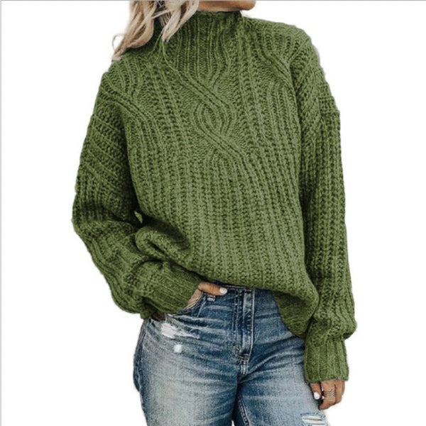 Women’s Pullover Sweater – Wool Cable Knit – High Neck – Relaxed Fit – Long Sleeve