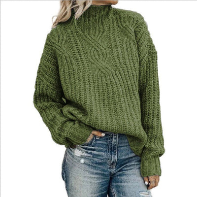 Women’s Pullover Sweater – Wool Cable Knit – High Neck – Relaxed Fit – Long Sleeve