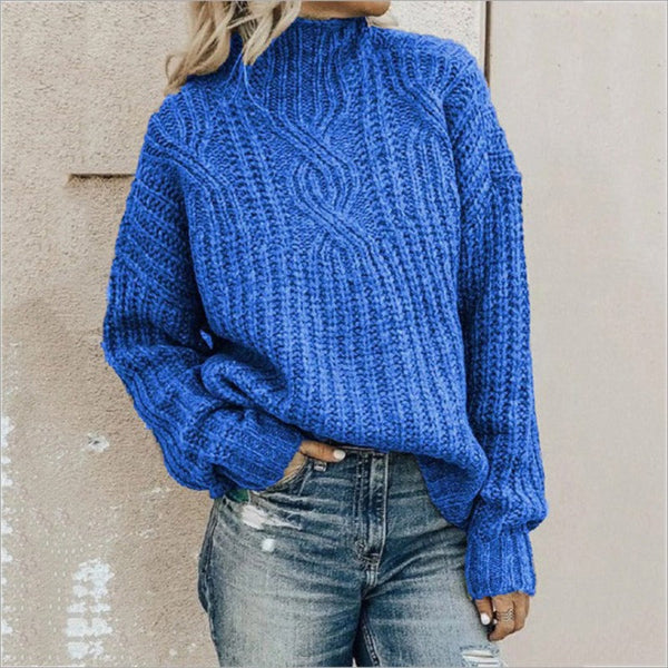 Women’s Pullover Sweater – Wool Cable Knit – High Neck – Relaxed Fit – Long Sleeve