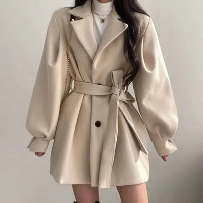 Women’s Trench Coat – Wool Blend – Belted Waist – Wide Lapel – Mid Length Fit