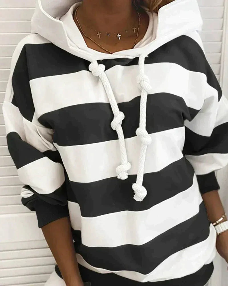 Women’s Hooded Sweatshirt – Oversized Fit – Jersey Knit – Striped – Knotted Drawstring