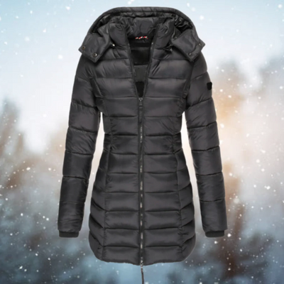 Women’s Puffer Jacket – Slim Fit – Long Length – Quilted Insulation – Detachable Hood
