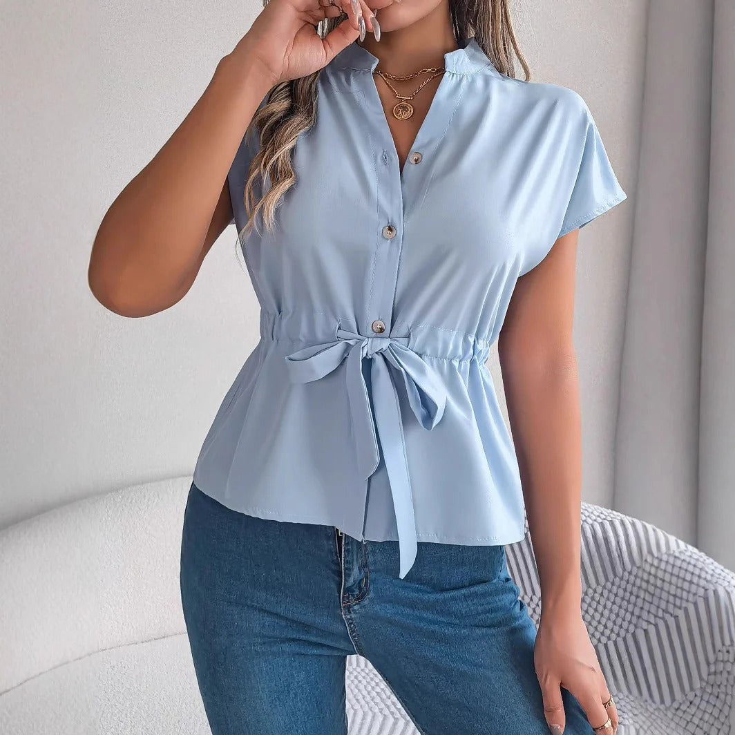 Women’s Blouse – Tailored Fit – Waist Tie – Short Sleeve – Button Front
