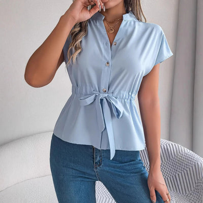 Women’s Blouse – Tailored Fit – Waist Tie – Short Sleeve – Button Front