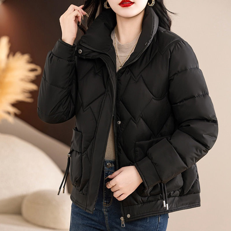 Women’s Padded Jacket – Quilted Design – Relaxed Fit – High Collar – Zip and Snap Closure