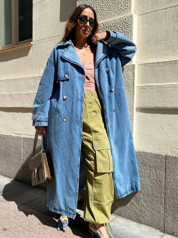 Women’s Trench Coat – Oversized Fit – Denim Texture – Full Length – Button Front