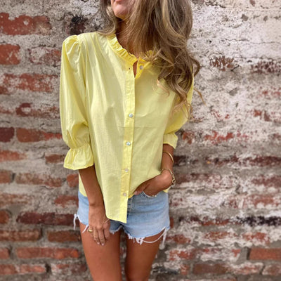 Women’s Blouse – Relaxed Fit – Ruffle Neckline – Cotton Blend – Button Front – Billowy Sleeves