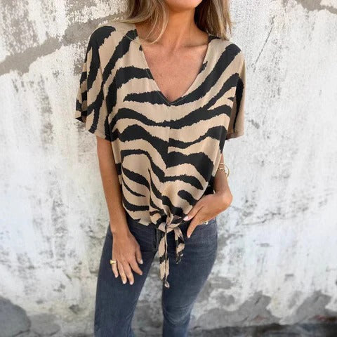 Women’s Blouse – Relaxed Fit – Tie-Front Waist – V-Neck – Short Sleeve – Breathable Blend