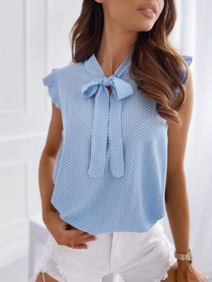 Women’s Sleeveless Blouse – Relaxed Fit – Bow Tie Neck – Polka Dot – Ruffle Trim