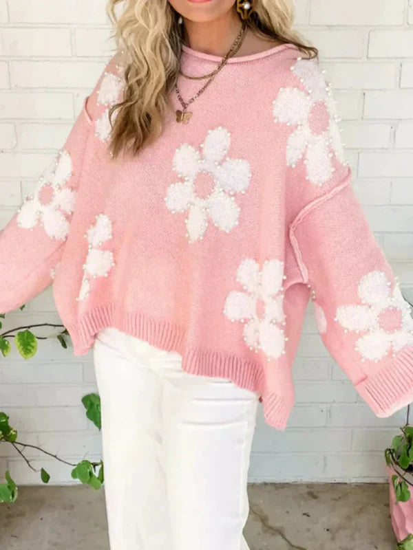 Women’s Pullover Sweater – Oversized Fit – Knit Weave – Beaded Floral Detail – Round Neck