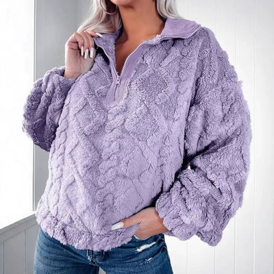 Women’s Pullover Sweater – Faux Fur – Relaxed Fit – Quilted – Half Zip – Long Sleeve