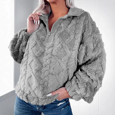Women’s Pullover Sweater – Faux Fur – Relaxed Fit – Quilted – Half Zip – Long Sleeve