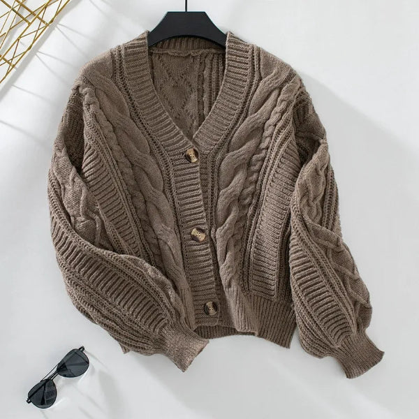 Women’s Cardigan Sweater – Wool Knit – V-Neck – Cable Knit – Button Front – Relaxed Fit