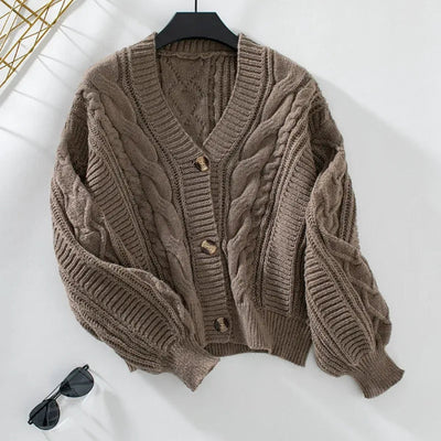 Women’s Cardigan Sweater – Wool Knit – V-Neck – Cable Knit – Button Front – Relaxed Fit