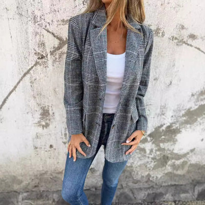 Women’s Cardigan Jacket – Wool Blend – Relaxed Fit – Houndstooth – Lapel Collar
