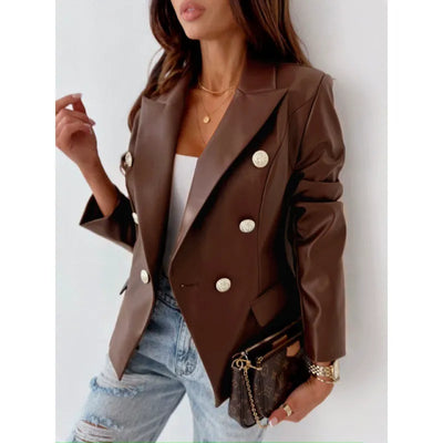 Women’s Blazer – Faux Leather – Tailored Fit – Double-Breasted – Padded Shoulders