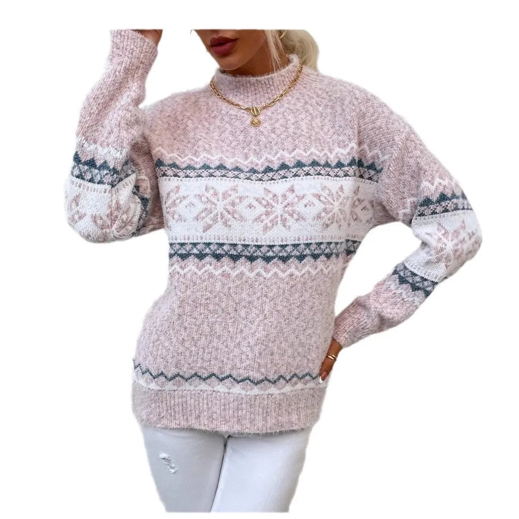 Women’s Pullover Sweater – Wool Knit – Relaxed Fit – Snowflake Pattern – High Neck